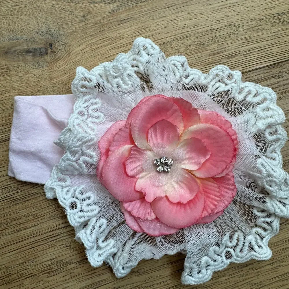 Haute Baby Pink Flower and Lace Boho Stretch Infant Headband